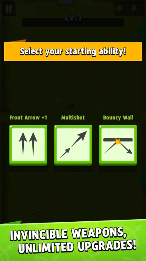 Játékon belüli képernyő: a futam indulásakor három kezdő képesség közül lehet választani – Front Arrow +1, Multishot és Bouncy Wall