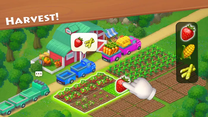 A Township Play-galériájának fekvő bannere: izometrikus farm traktorokkal és paradicsomágyásokkal, a sarokban angol Harvest felirat